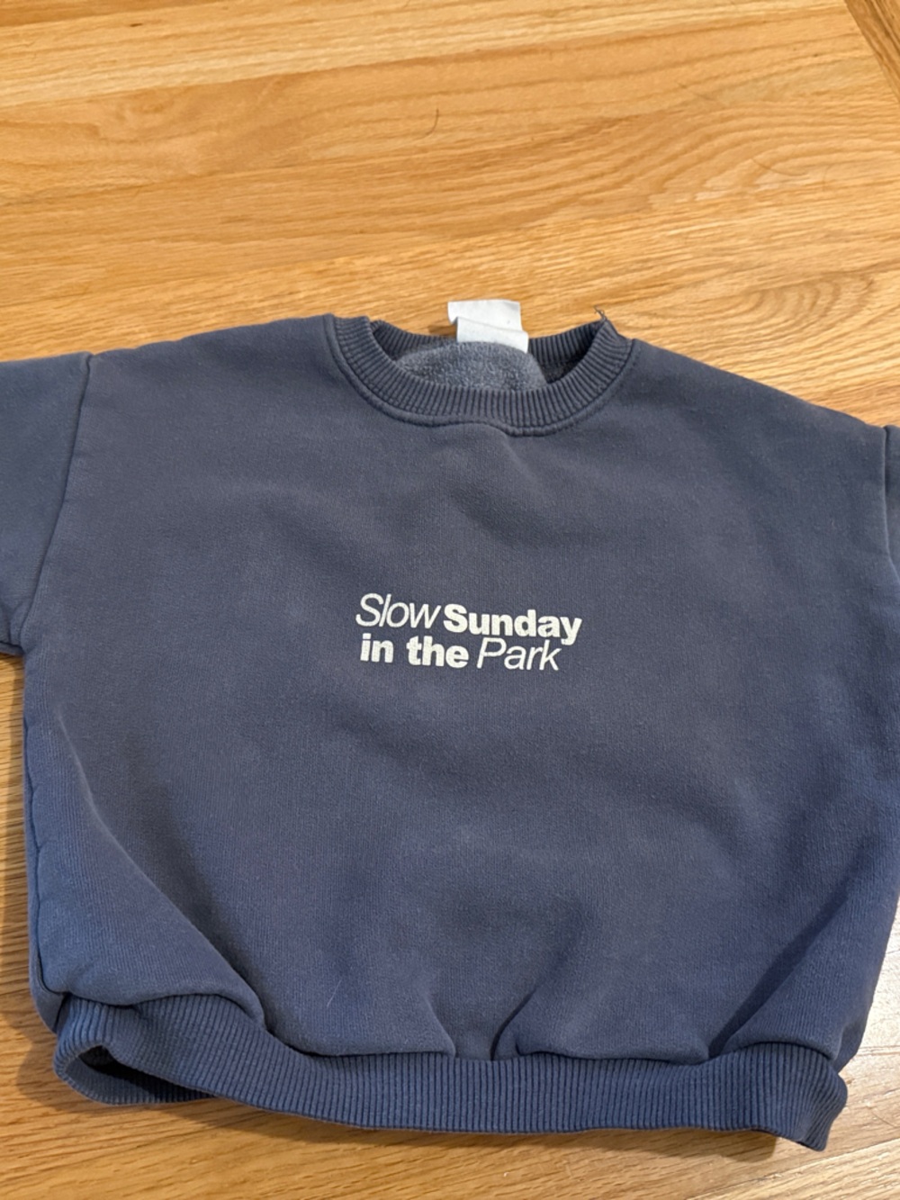 Zara Navy Blue Crewneck Sweatshirt with "Slow Sunday in the Park" Text